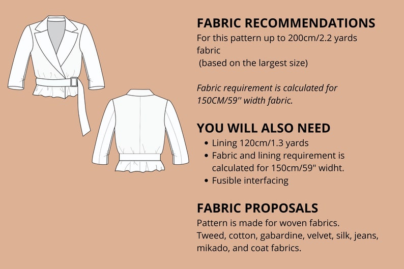 Peut inclure: Un dessin au trait d'une veste crois&eacute;e pour femme avec un d&eacute;tail de volant en bas. L'image comprend du texte avec des recommandations et des exigences de tissu pour le patron.