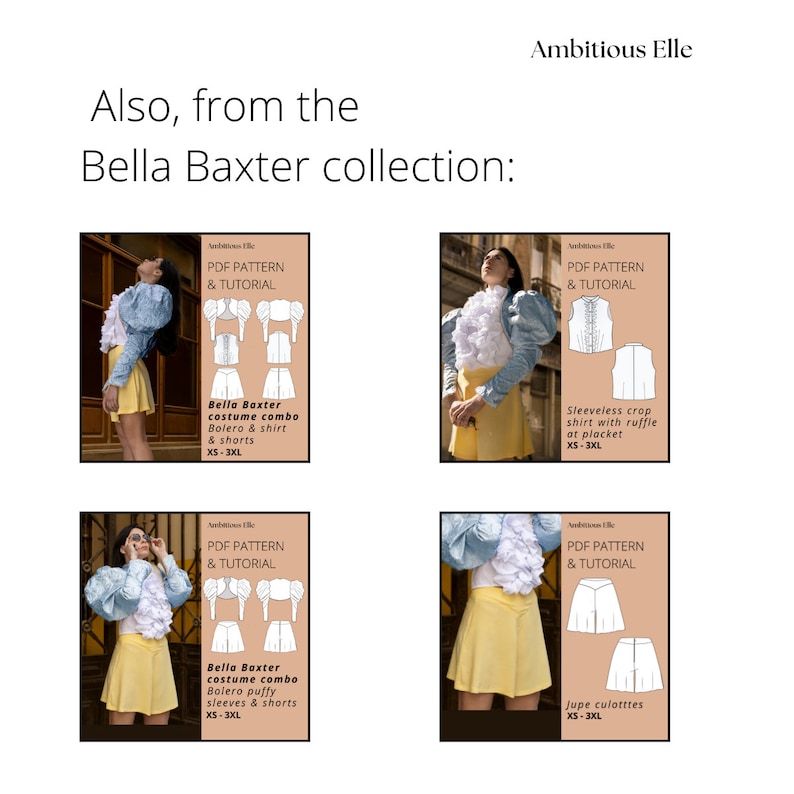 May include: A digital collection of sewing patterns titled Ambitious Elle Bella Baxter featuring four distinct garment sets including a blue bolero with puffy sleeves, a white ruffled shirt, and yellow shorts, presented with technical line drawings.