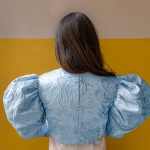 May include: A light blue cropped jacket featuring voluminous puff sleeves and a tonal floral jacquard pattern. The garment has a structured bodice with a center back seam and a textured fabric finish, providing a distinct silhouette.