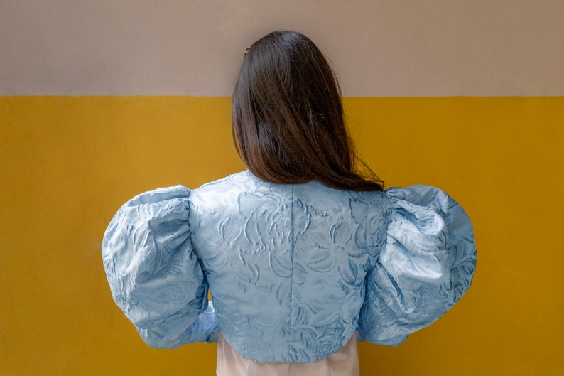 May include: A light blue cropped jacket featuring voluminous puff sleeves and a tonal floral jacquard pattern. The garment has a structured bodice with a center back seam and a textured fabric finish, providing a distinct silhouette.