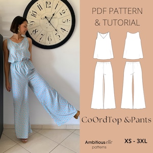 PDF Coord Top and Pants Sewing Pattern | Shift Top Pattern | Wide Leg Pants Sewing Pattern | Elastic Waist Pants Pattern | Relaxed Fit