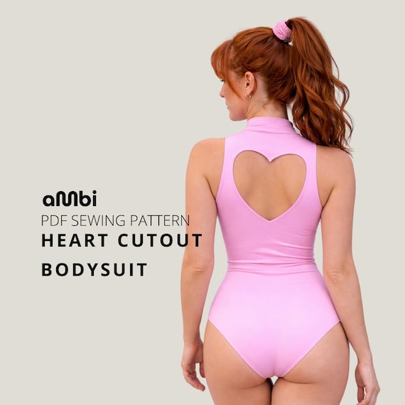 トップス hydenrio rib body fit cut sew Cutout Bodysuit Sewing Pattern PDF XS-XL, Heart Neckline, Women