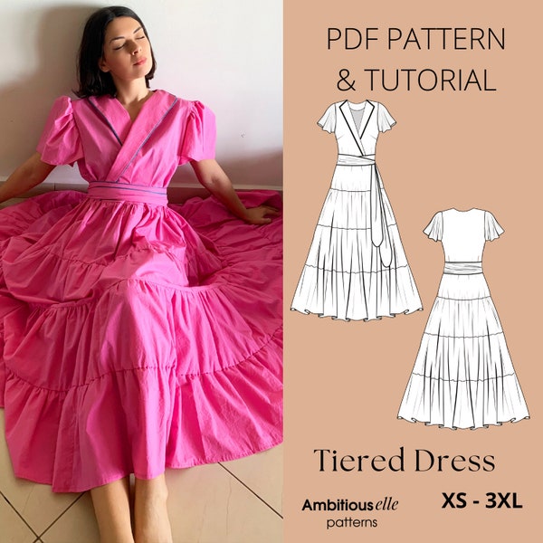 PDF Ruffle Dress Sewing Pattern | Ruffle Hem Skirt Pattern | Wrap Maxi Dress Sewing Pattern | PDF Womens Hippie Gypsy Boho Tiered Maxi Skirt