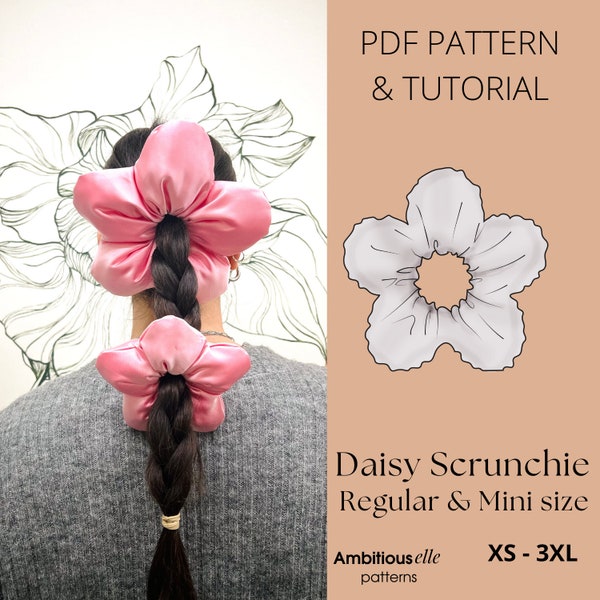 Daisy Scrunchie PDF Sewing Pattern | Regular & Mini size | Oversized flower scrunchie sewing  pattern, PDF Kids flower scrunchie Pattern