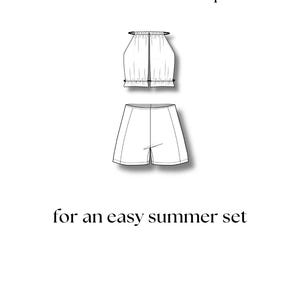 K&ouml;nnte beinhalten: Schwarz-Wei&szlig;-Zeichnung eines Sommer-Outfits, bestehend aus einem Neckholder-Top und Shorts. Der Text lautet "Pair with Civic top" und "for an easy summer set". Das Design ist schlicht und elegant.