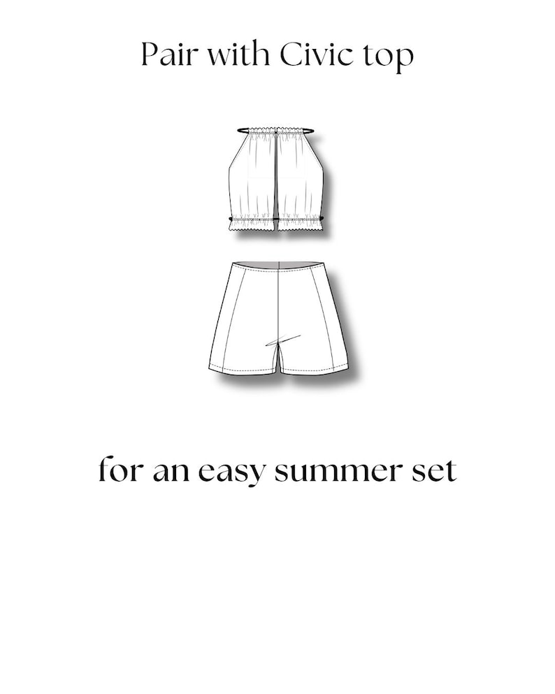 K&ouml;nnte beinhalten: Schwarz-Wei&szlig;-Zeichnung eines Sommer-Outfits, bestehend aus einem Neckholder-Top und Shorts. Der Text lautet "Pair with Civic top" und "for an easy summer set". Das Design ist schlicht und elegant.