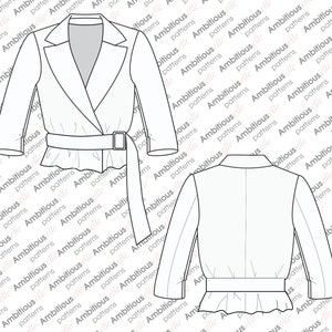 Peut inclure: Un blazer blanc court &agrave; col en V, avec une fermeture crois&eacute;e et une ceinture. Le blazer a un ourlet &agrave; volants et des manches longues.