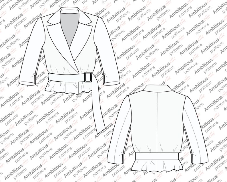 Peut inclure: Un blazer blanc court &agrave; col en V, avec une fermeture crois&eacute;e et une ceinture. Le blazer a un ourlet &agrave; volants et des manches longues.