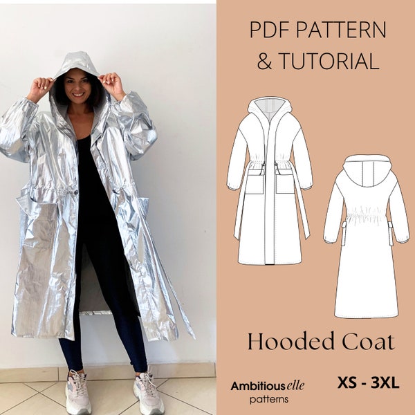 PDF Patrón de costura impermeable para mujer / PDF Patrón de costura gabardina / Abrigo con capucha y cinturón Patrón de costura / Tallas grandes disponibles XS - 6XL