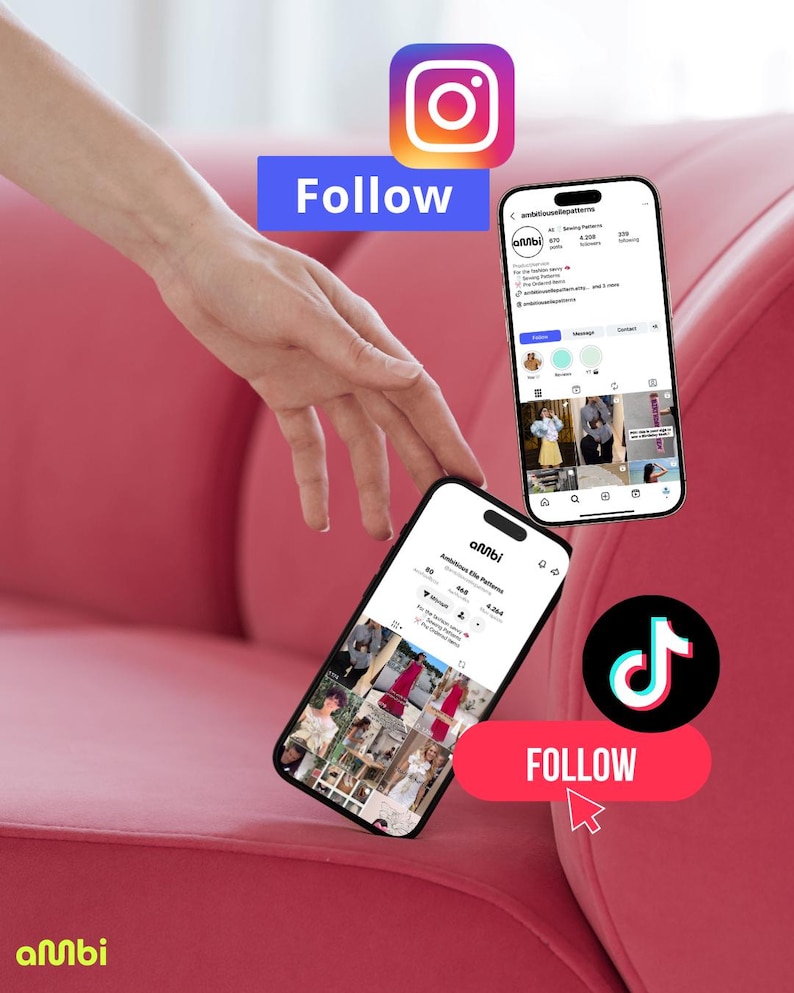 Pode incluir: Um sof&aacute; rosa com dois smartphones exibindo perfis de m&iacute;dia social. Os logotipos do Instagram e TikTok s&atilde;o vis&iacute;veis, juntamente com a palavra "Follow" em um bot&atilde;o azul e vermelho. A marca "ambi" tamb&eacute;m &eacute; vis&iacute;vel.