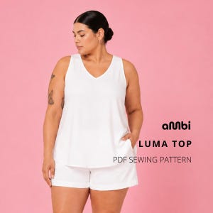 May include: A white sleeveless top and matching shorts set. The text on the right reads "ambi LUMA TOP PDF SEWING PATTERN". The garment features a V-neckline and a relaxed fit, presented as a digital sewing pattern for a simple, clean-lined outfit.