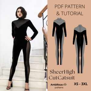 PDF Sheer High Cut Catsuit | V neck Leotard Sewing  | Catsuit with panels sewing Pattern | Women Leotard pattern |PDF Long Sleeve Bodysuit