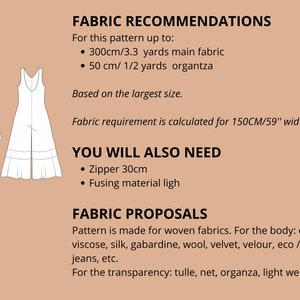 May include: Diagram showing fabric recommendations and requirements for a sleeveless jumpsuit with a front zipper. The pattern requires 3.3 yards of main fabric and 1/2 yard of organza.  It also requires a 30cm zipper and fusing material.  The pattern is made for woven fabrics such as cotton, linen, viscose, silk, gabardine, wool, velvet, velour, eco/faux leather, jeans, etc.  For transparency, tulle, net, organza, light weight lace, etc. can be used.