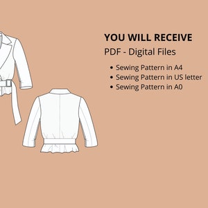 Peut inclure: Patron de couture num&eacute;rique pour une veste blanche courte avec ceinture et d&eacute;tail volant. Le patron est disponible en tailles A4, US letter et A0.