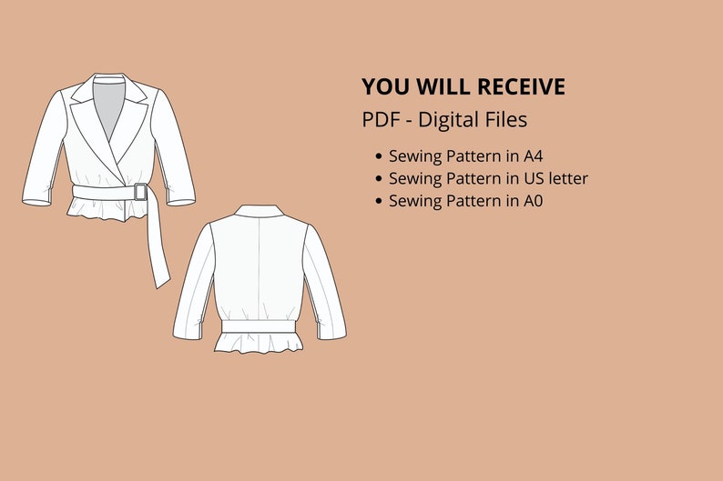 Peut inclure: Patron de couture num&eacute;rique pour une veste blanche courte avec ceinture et d&eacute;tail volant. Le patron est disponible en tailles A4, US letter et A0.