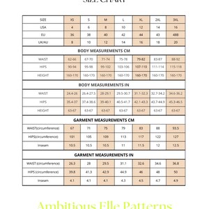 K&ouml;nnte beinhalten: Eine Gr&ouml;&szlig;entabelle mit Ma&szlig;en in Zentimetern und Zoll. Die Tabelle umfasst die Gr&ouml;&szlig;en XS bis 3XL, mit entsprechenden USA-, EU- und UK/AU-Gr&ouml;&szlig;en. K&ouml;rper- und Kleidungsma&szlig;e sind angegeben, einschlie&szlig;lich Taille, H&uuml;fte und Schrittl&auml;nge.