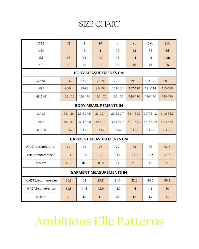 K&ouml;nnte beinhalten: Eine Gr&ouml;&szlig;entabelle mit Ma&szlig;en in Zentimetern und Zoll. Die Tabelle umfasst die Gr&ouml;&szlig;en XS bis 3XL, mit entsprechenden USA-, EU- und UK/AU-Gr&ouml;&szlig;en. K&ouml;rper- und Kleidungsma&szlig;e sind angegeben, einschlie&szlig;lich Taille, H&uuml;fte und Schrittl&auml;nge.