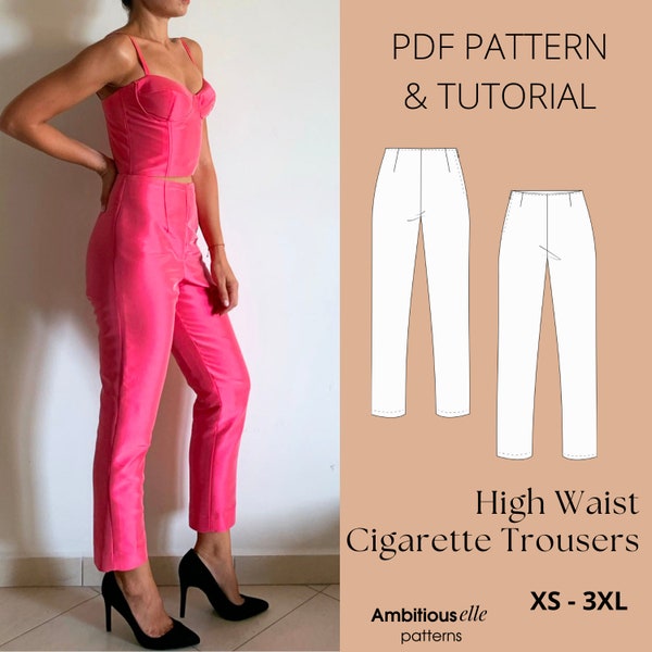 Patron de couture PDF pour pantalon cigarette | Patron de pantalon taille haute | Patron de couture pour pantalon coupe droite | Patron de pantalon femme | Pantalon court