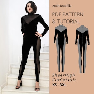 PDF Sheer High Cut Catsuit | V neck Leotard Sewing  | Catsuit with panels sewing Pattern | Women Leotard pattern |PDF Long Sleeve Bodysuit