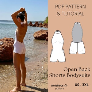 PDF Open Back Shorts Bodysuit Sewing Pattern | PDF Backless Bodysuit | Turtleneck Backless Pattern | Swimsuit Pattern | One-Piece Swimwear