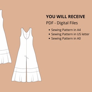 May include: A digital sewing pattern for a sleeveless jumpsuit with a V-neckline and a front slit. The pattern includes instructions for sewing in sizes A4, US letter, and A0.