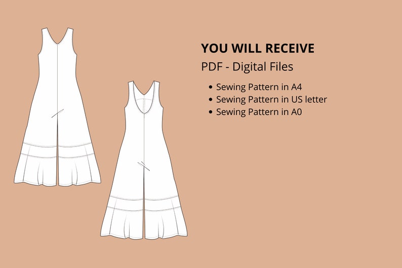 May include: A digital sewing pattern for a sleeveless jumpsuit with a V-neckline and a front slit. The pattern includes instructions for sewing in sizes A4, US letter, and A0.