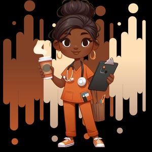 May include: A cartoon illustration of a Black woman wearing a brown and orange medical scrubs uniform. She is holding a cup of coffee in one hand and a clipboard in the other. She has a stethoscope around her neck and a brown bag on her shoulder.