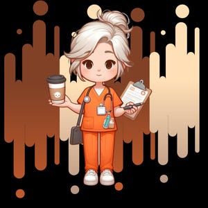 May include: A cartoon illustration of a female nurse wearing an orange uniform, holding a cup of coffee and a clipboard with a pen. She has white hair and is wearing a stethoscope around her neck. The background is a brown and orange abstract pattern.