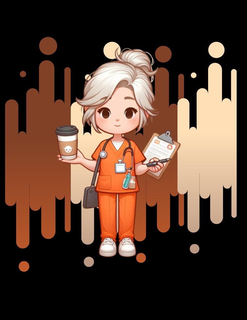 May include: A cartoon illustration of a female nurse wearing an orange uniform, holding a cup of coffee and a clipboard with a pen. She has white hair and is wearing a stethoscope around her neck. The background is a brown and orange abstract pattern.