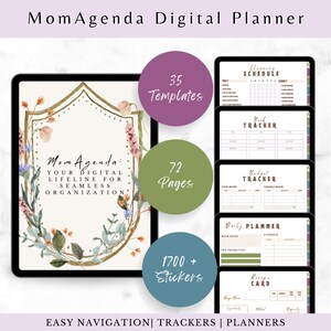 Könnte beinhalten: Ein digitaler Planer mit einem floralen Design auf dem Cover. Der Planer enthält 35 Vorlagen, 72 Seiten und über 1700 Sticker. Der Text auf dem Cover lautet "Mom Agenda: Your Digital Lifeline for Seamless Organization".