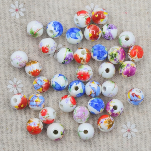 10mm Ceramic Round Beads with Painted Flowers-Round Porcelain Beads For Jewelry&Bracelets Making-20PCS/lot