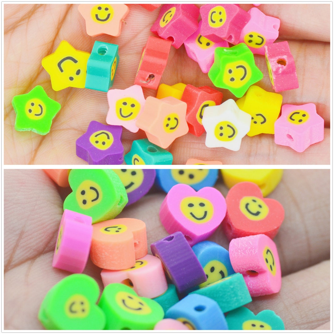 50PCS Polymer Clay Smiley Face Beads,heart & Star Shape Smiley Beads