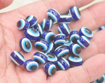 Cuentas de resina de ojos malvados azules para collares, pulseras, abalorios para cordón de teléfono, cuentas para hacer joyas, cuentas para manualidades de bricolaje, ovaladas, 50 piezas, 8 x 10 mm