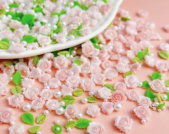 Fleurs en résine mélangées aléatoires, perles, breloques pour les ongles, rose rose avec des feuilles de perles pour la décoration d'ongles, accessoires de bricolage, artisanat, embellissements