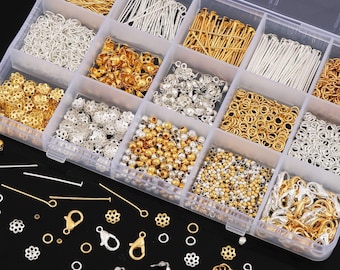 15 Grid Metal DIY Findings Box – Lobster Clasps, Jump Rings, Head Pins & Chains for Keychain, Earring Jewelry Crafts