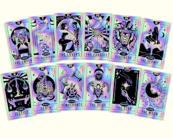 Holographic Zodiac Sign Tarot Cards Vinyl Waterproof Sticker | Traditional Tattoo Style | Laptop Water bottle