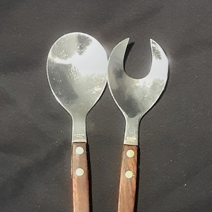 Vintage/Mid Century Modern 13 Stainless Steel and Wood Salad Serving Fork and Spoon Utensils, Made in Japan image 1