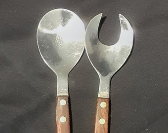 Vintage/Mid Century Modern 13" Stainless Steel and Wood Salad Serving Fork and Spoon Utensils, Made in Japan