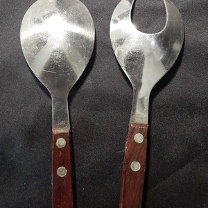 Vintage/Mid Century Modern 13 Stainless Steel and Wood Salad Serving Fork and Spoon Utensils, Made in Japan image 3