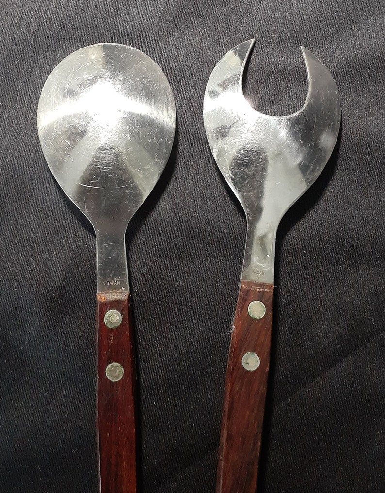 Vintage/Mid Century Modern 13 Stainless Steel and Wood Salad Serving Fork and Spoon Utensils, Made in Japan image 3