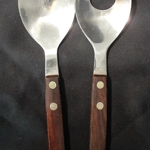 Vintage/Mid Century Modern 13 Stainless Steel and Wood Salad Serving Fork and Spoon Utensils, Made in Japan image 2