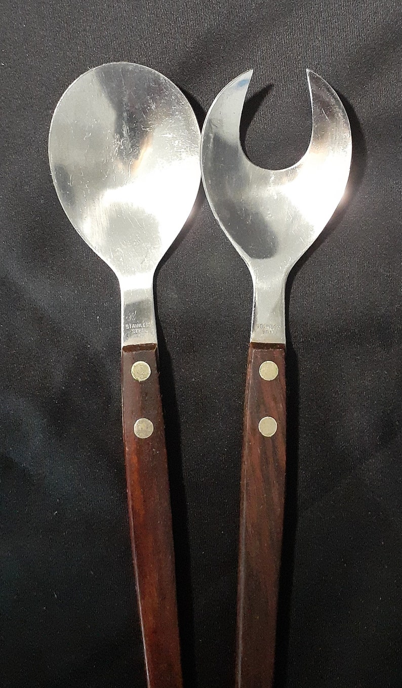 Vintage/Mid Century Modern 13 Stainless Steel and Wood Salad Serving Fork and Spoon Utensils, Made in Japan image 2