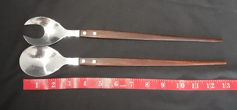 Vintage/Mid Century Modern 13 Stainless Steel and Wood Salad Serving Fork and Spoon Utensils, Made in Japan image 5