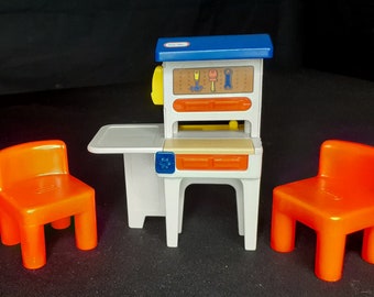 Vintage 1990's Little Tikes Dollhouse Miniature Workbench and 2 Red Chairs