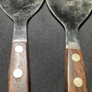 Vintage/Mid Century Modern 13 Stainless Steel and Wood Salad Serving Fork and Spoon Utensils, Made in Japan image 4