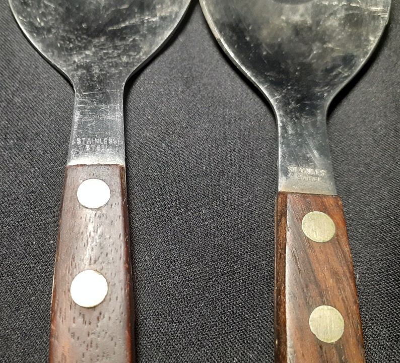 Vintage/Mid Century Modern 13 Stainless Steel and Wood Salad Serving Fork and Spoon Utensils, Made in Japan image 4