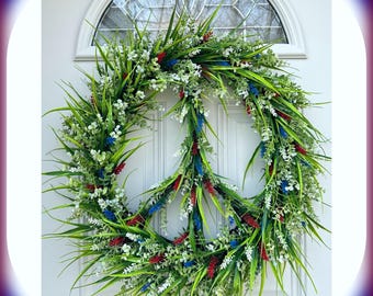 Large Patriotic Peace Sign  Floral Wreath, Boho Summer Decor