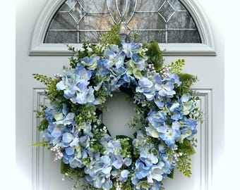 Handcrafted Spring Wreath, Blue and Lavender Hydrangeas, Pink and Green Berries, Farmhouse Decor