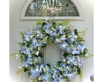 Large Handcrafted Spring Wreath, Blue and Lavender Hydrangeas, Pink and Green Berries, Farmhouse Decor