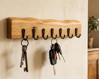 Oak wood key rack with natural live edge